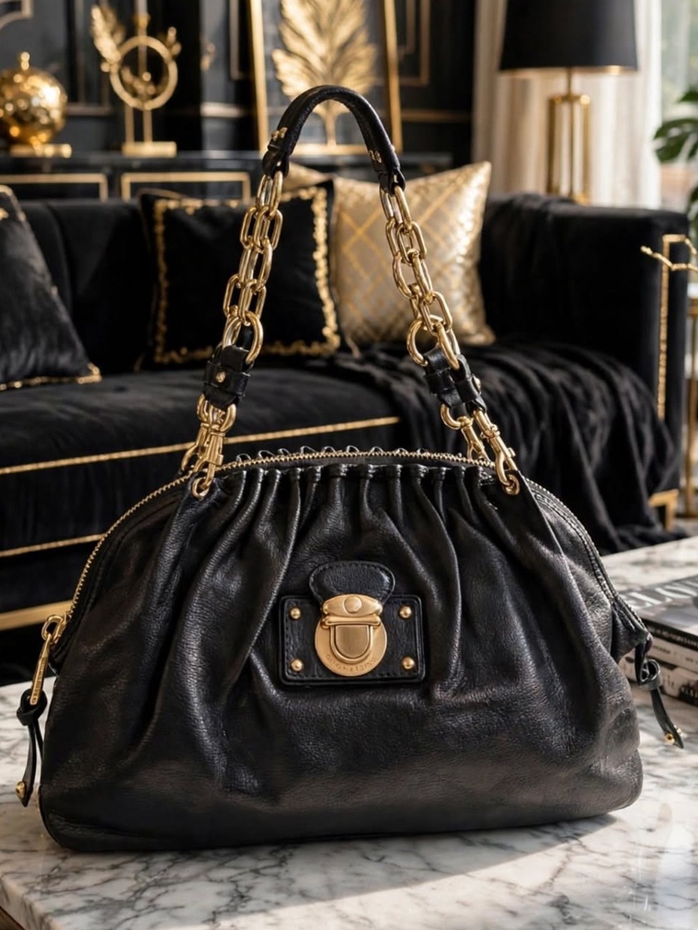 Authentic Marc Jacobs Black Leather Capra Ruched Satchel Bag